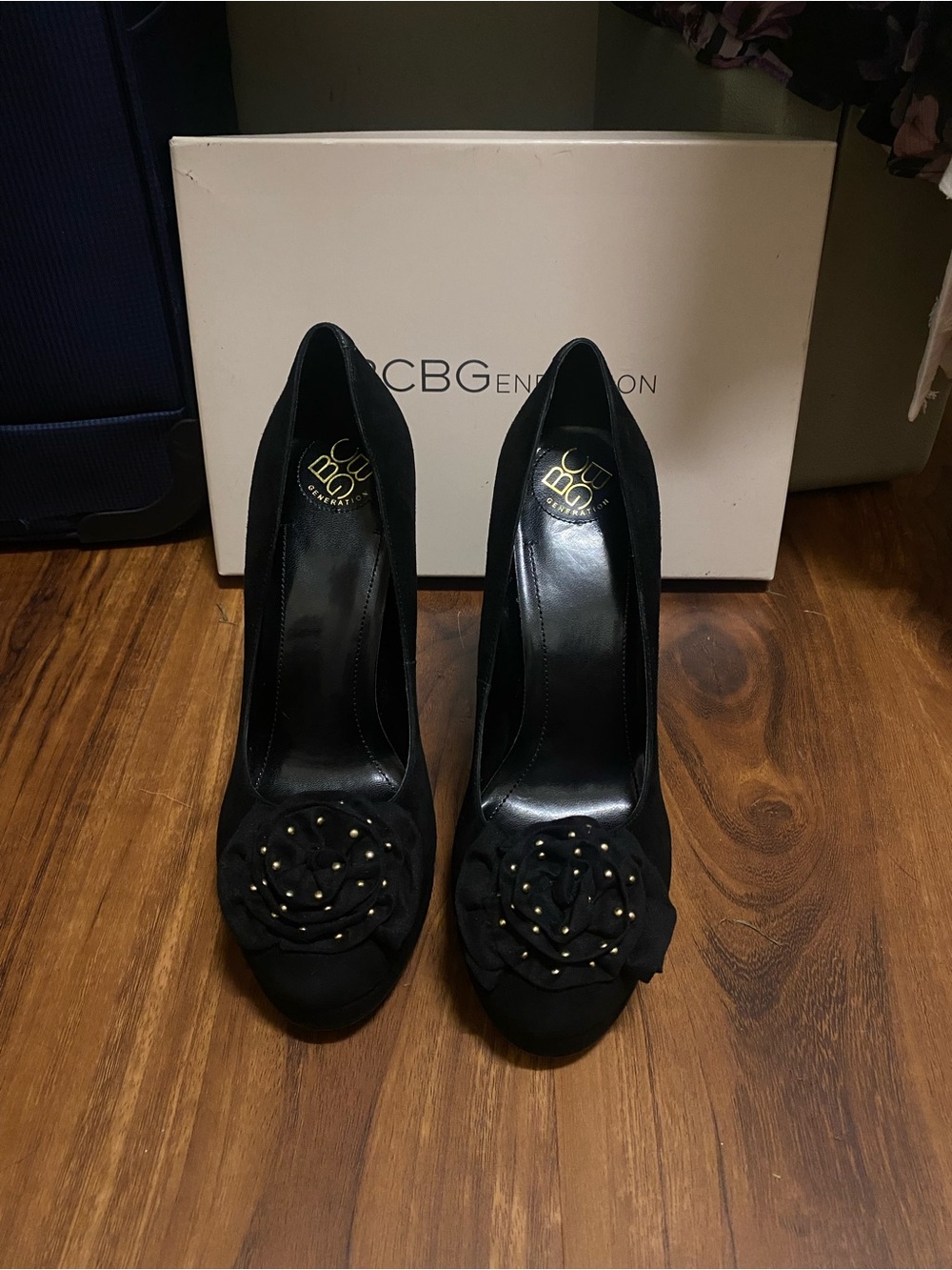 BCBGeneration Black Suede Floral Studded Platform Heels
